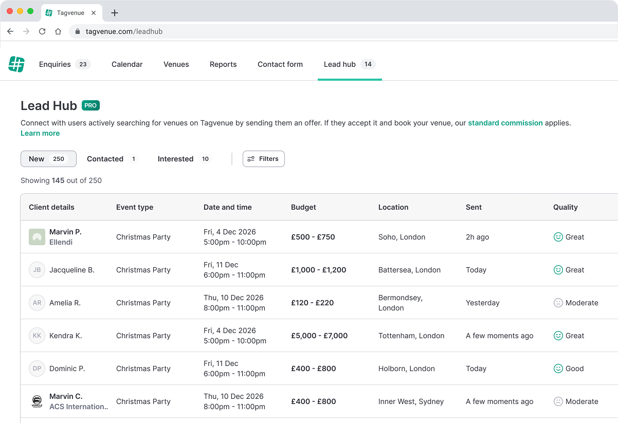 Lead Hub dashboard with matched Christmas enquiries